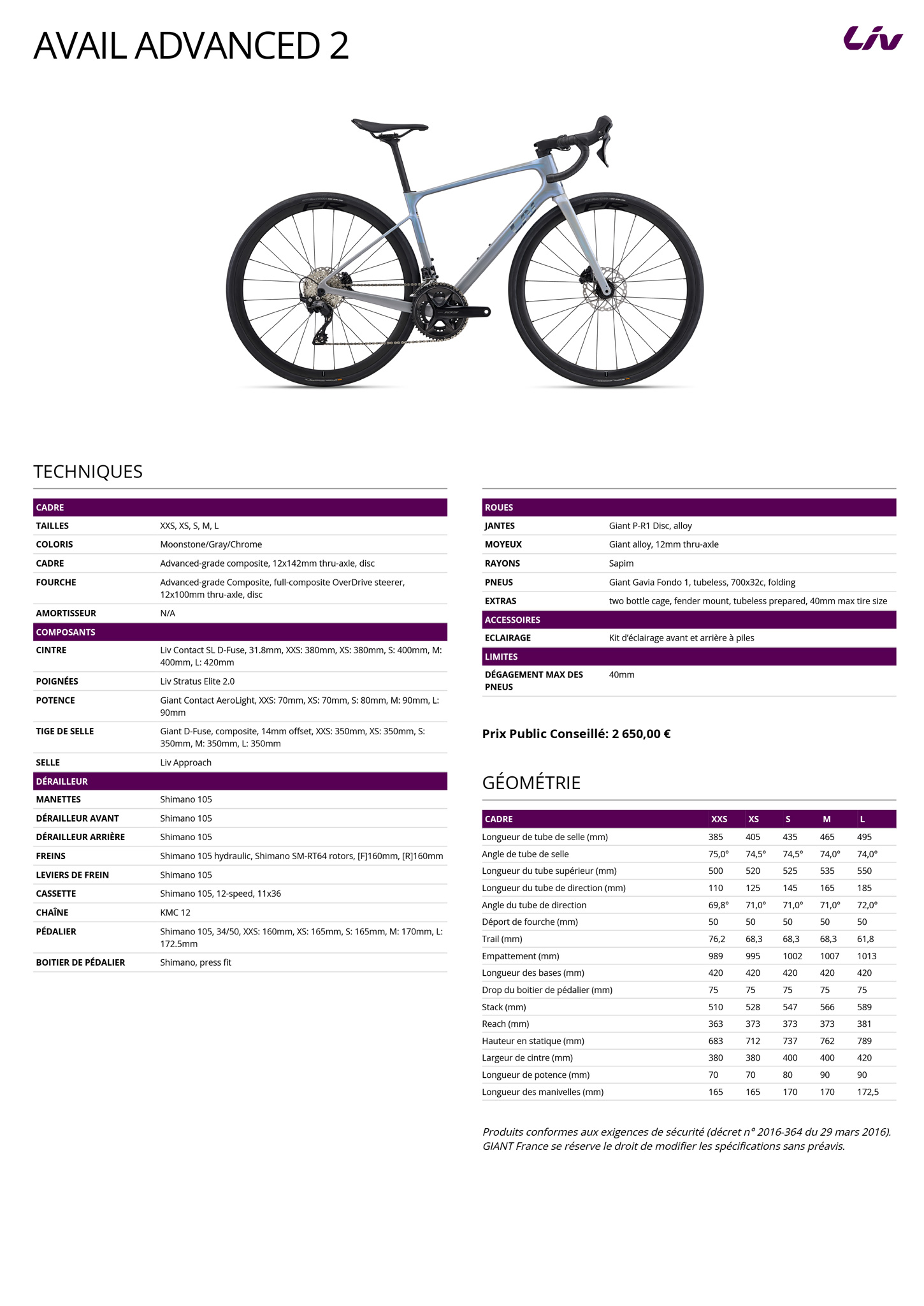 Fiche technique du velo Avail Advanced 2 année 2026